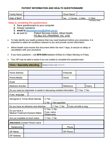 patient information and health questionnaire template