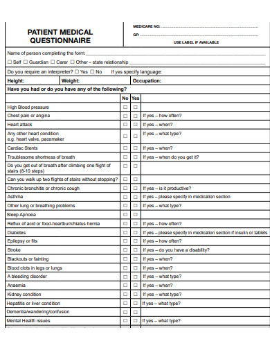 patient medical questionnaire template