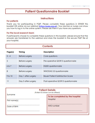 patient questionnaire booklet template