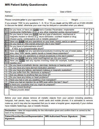 patient safety questionnaire template