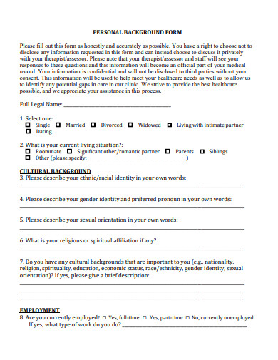 personal background form template