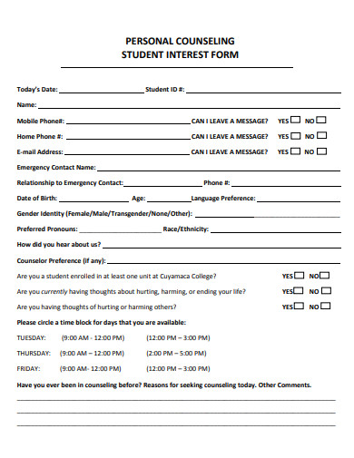 personal counseling student interest form template