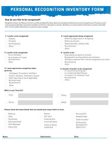 personal recognition inventory form template