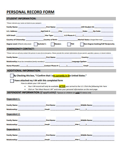 personal record form template