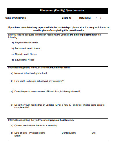 placement facility questionnaire template