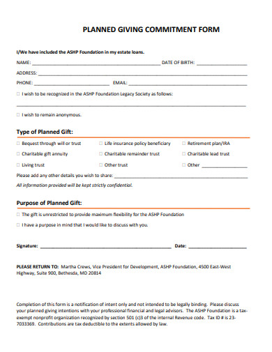 planned giving commitment form template