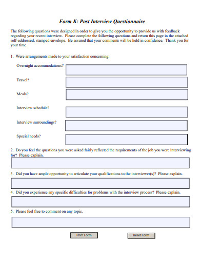 post interview questionnaire form template