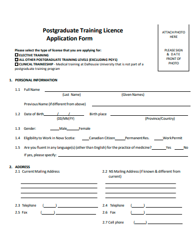postgraduate training licence application form template
