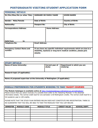 postgraduate visiting student application form template