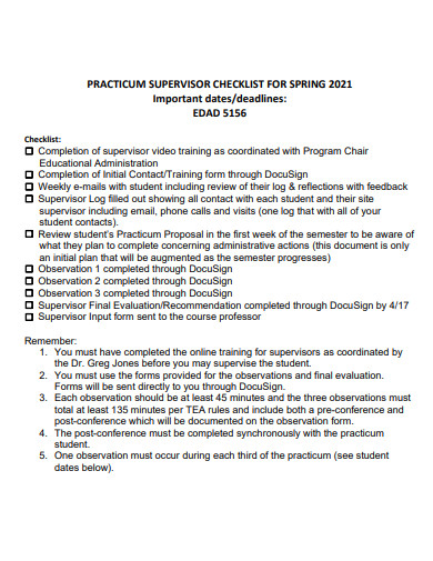 practicum supervisor checklist template