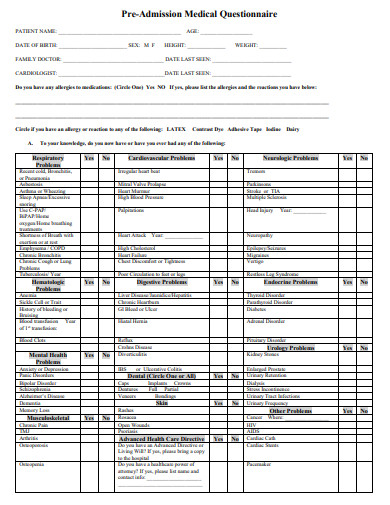 pre admission medical questionnaire template