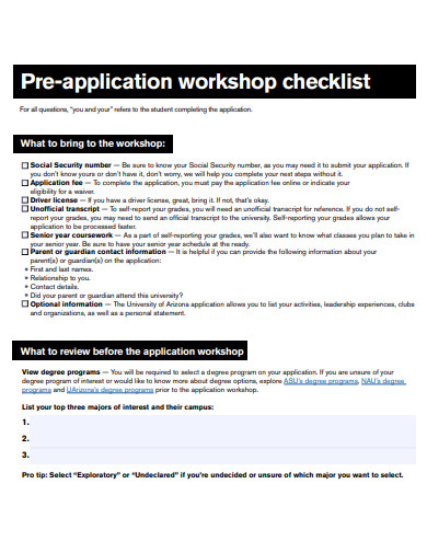 pre application workshop checklist template