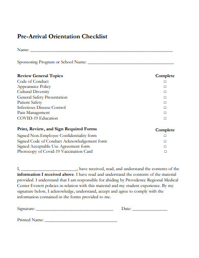pre arrival orientation checklist template