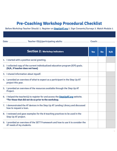 pre coaching workshop procedural checklist template