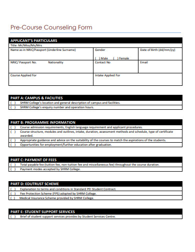 pre course counseling form template
