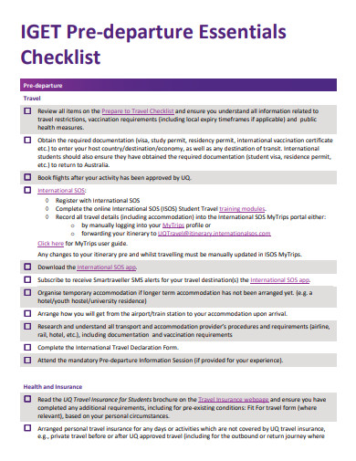 pre departure essential checklist template