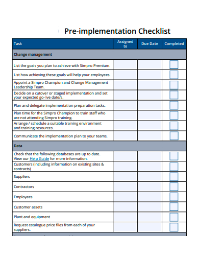 pre implementation checklist template