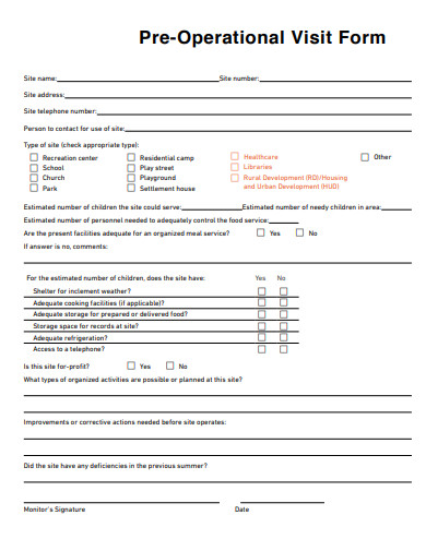 pre operational visit form template
