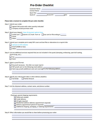 pre order checklist template