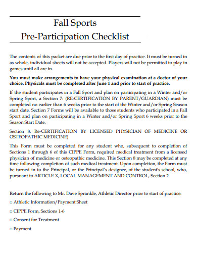 pre participation checklist template