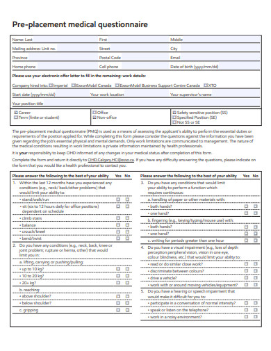 pre placement medical questionnaire template