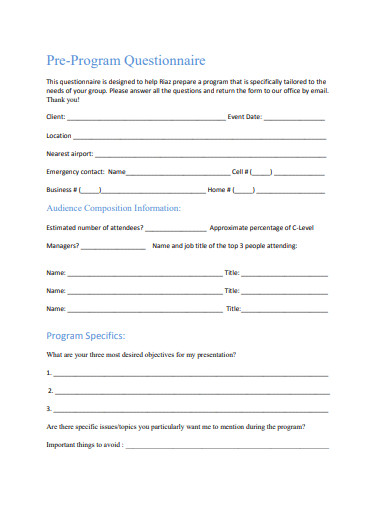 pre program questionnaire template