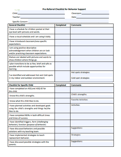 pre referral checklist for behavior support template