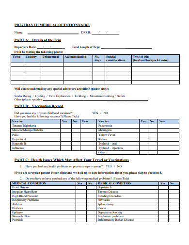 pre travel medical questionnaire template