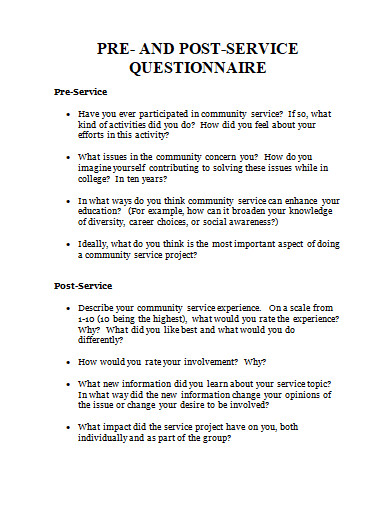 pre and post service questionnaire template