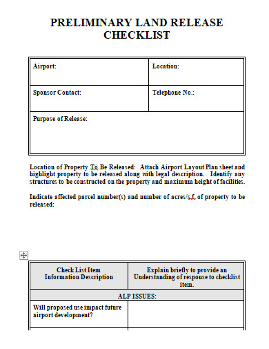 preliminary land release checklist template