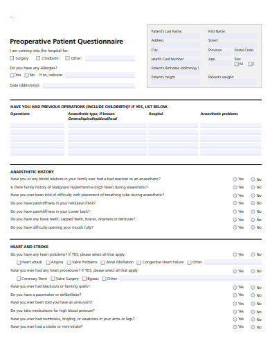 preoperative patient questionnaire template