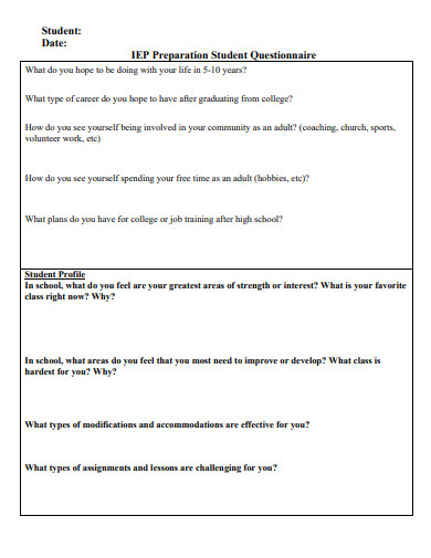 preparation student questionnaire template