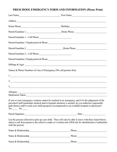 preschool emergency form template