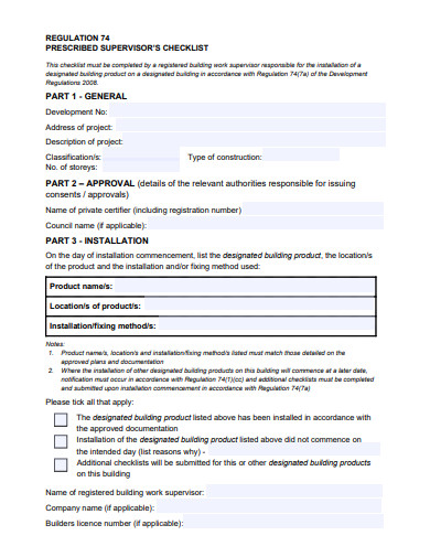 prescribed supervisor checklist template