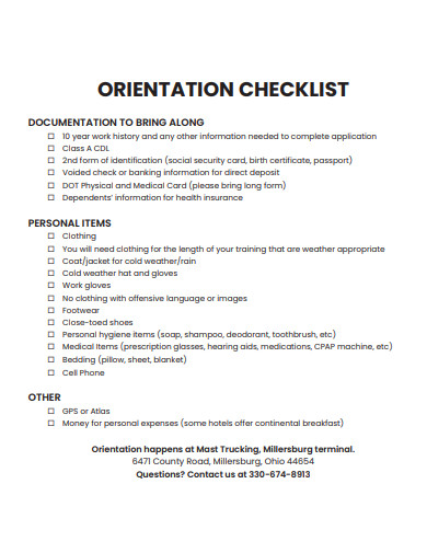 printable orientation checklist template