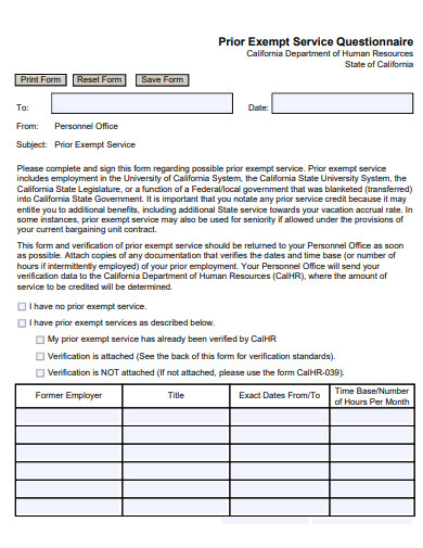 prior exempt service questionnaire template