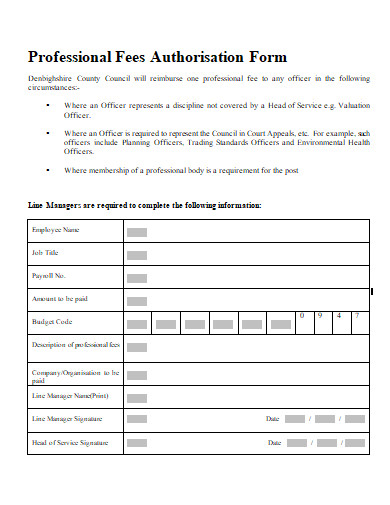 professional fees authorisation form template