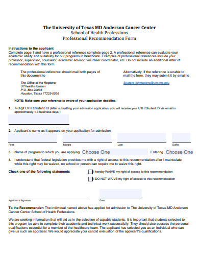 professional recommendation form template