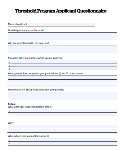 program applicant questionnaire template