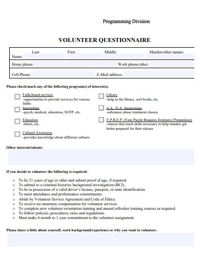 programming division volunteer questionnaire template
