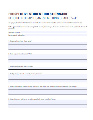 prospective student questionnaire template