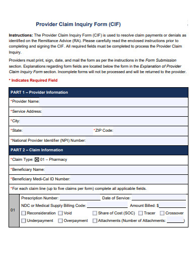 provider claim inquiry form template