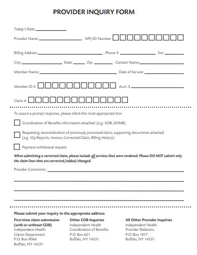 provider inquiry form template
