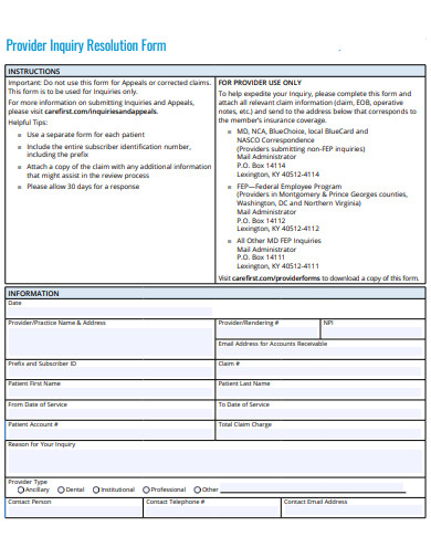 provider inquiry resolution form template