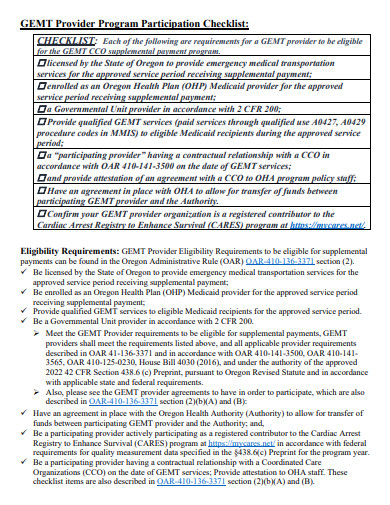 provider program participation checklist template