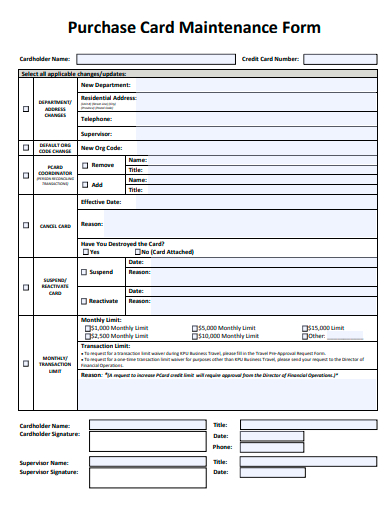 purchase card maintenance form template