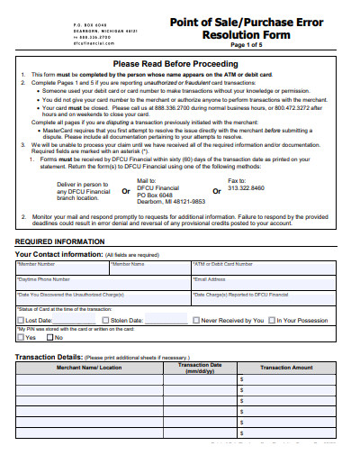purchase error resolution form template