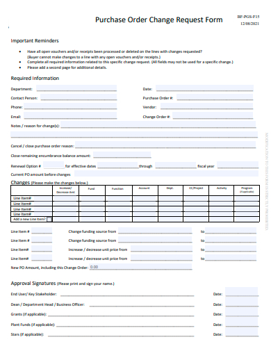 purchase order change request form template