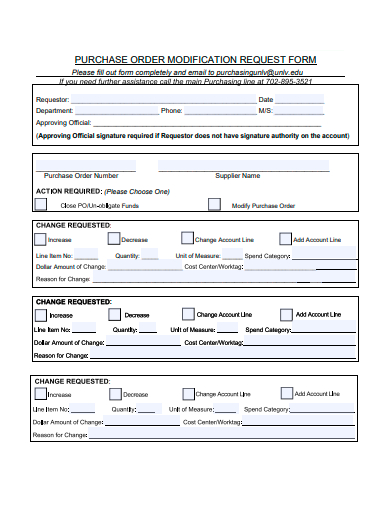 purchase order modification request form template