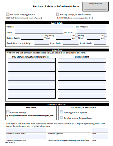 purchase of meals form template